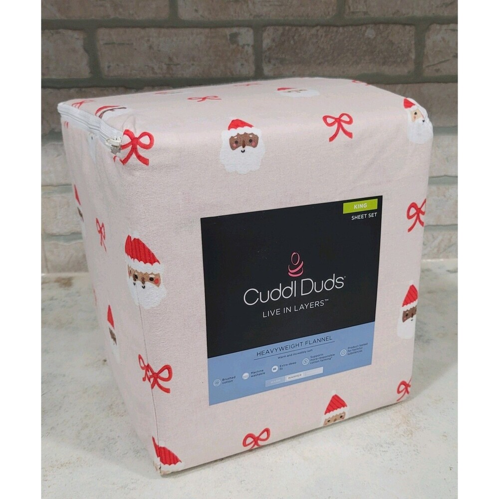 Cuddl Duds Santa Heads Heavyweight Cotton Flannel 4pc KING Sheet Set Deep Fit - Picture 7 of 7